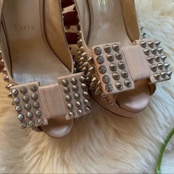 Louboutin Nude Leather Clou Spikes Studded Designer Platform Slingbacks Pumps 37 - Picture 7 of 13